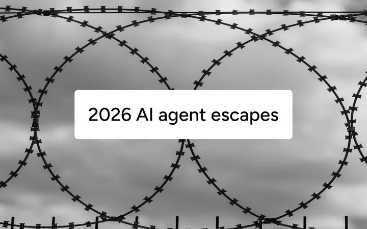 Black-and-white razor wire with the caption "2026 AI agent escapes".