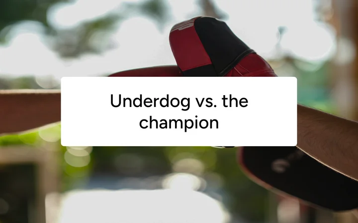 Two boxing gloves touching against a blurred outdoor background, captioned 'Underdog vs. the champion'.