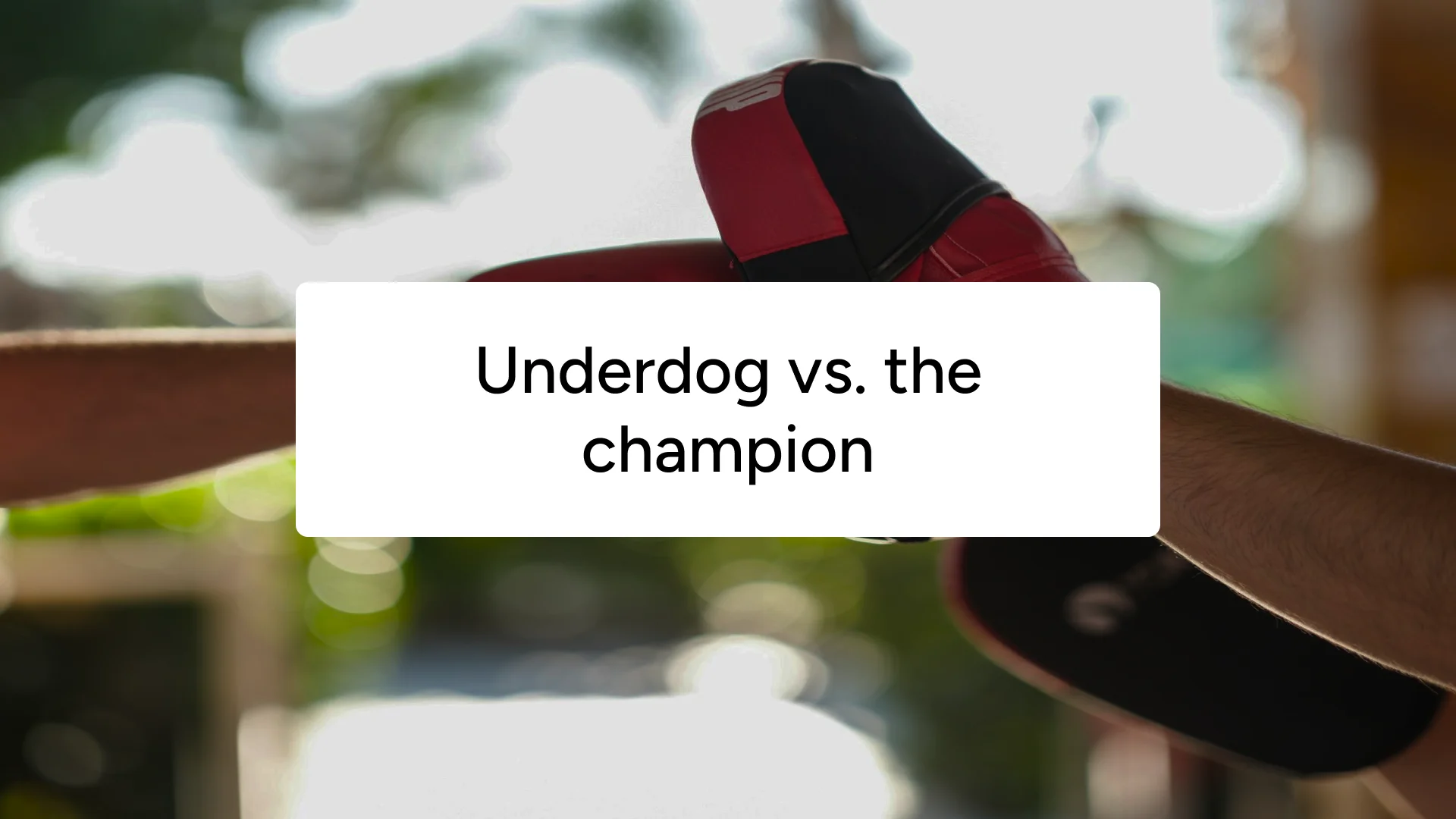 Two boxing gloves touching against a blurred outdoor background, captioned 'Underdog vs. the champion'.