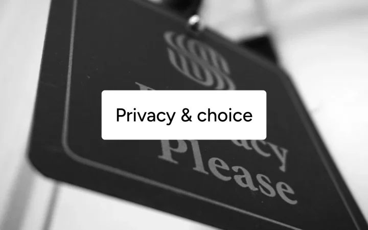 Black-and-white photo of a "Privacy Please" door sign, captioned "Privacy & choice".