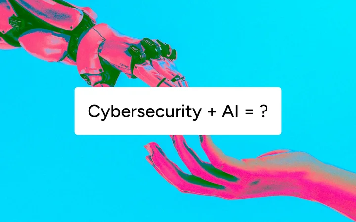 A robotic hand and a human hand reaching toward each other, captioned 'Cybersecurity + AI = ?'.